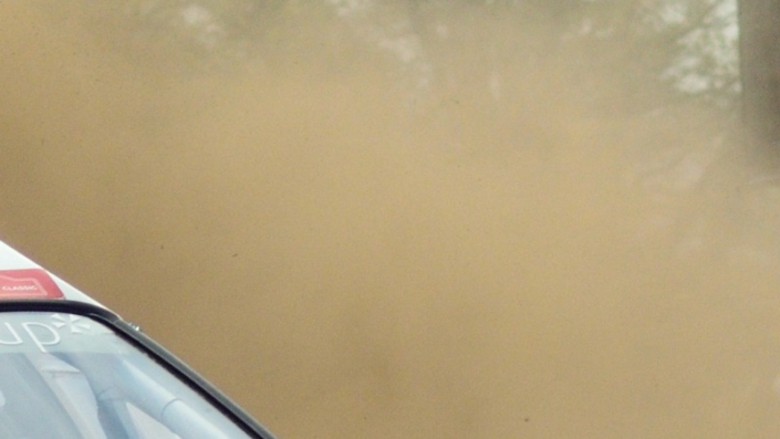 Rally car 705 Eric van Loon coming around the curve large cloud of dust kicked up behind him grid tile 3