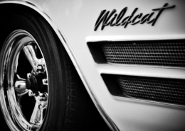 Chrome and White Buick Wildcat car picture of back pasenger side wheel and Wildcat name with 2 horizontal inset vents below it